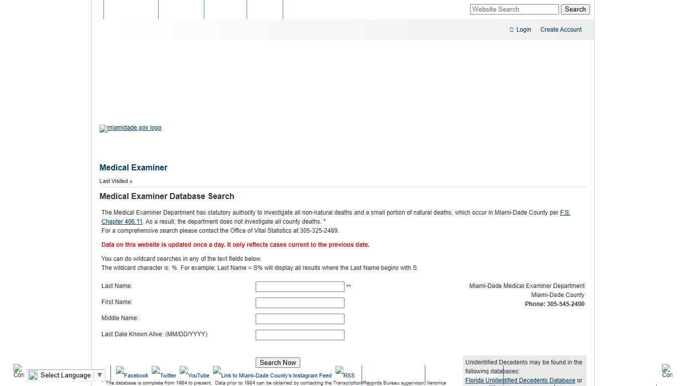 Miami-Dade County - Medical Examiner - Medical Examiner Database Search